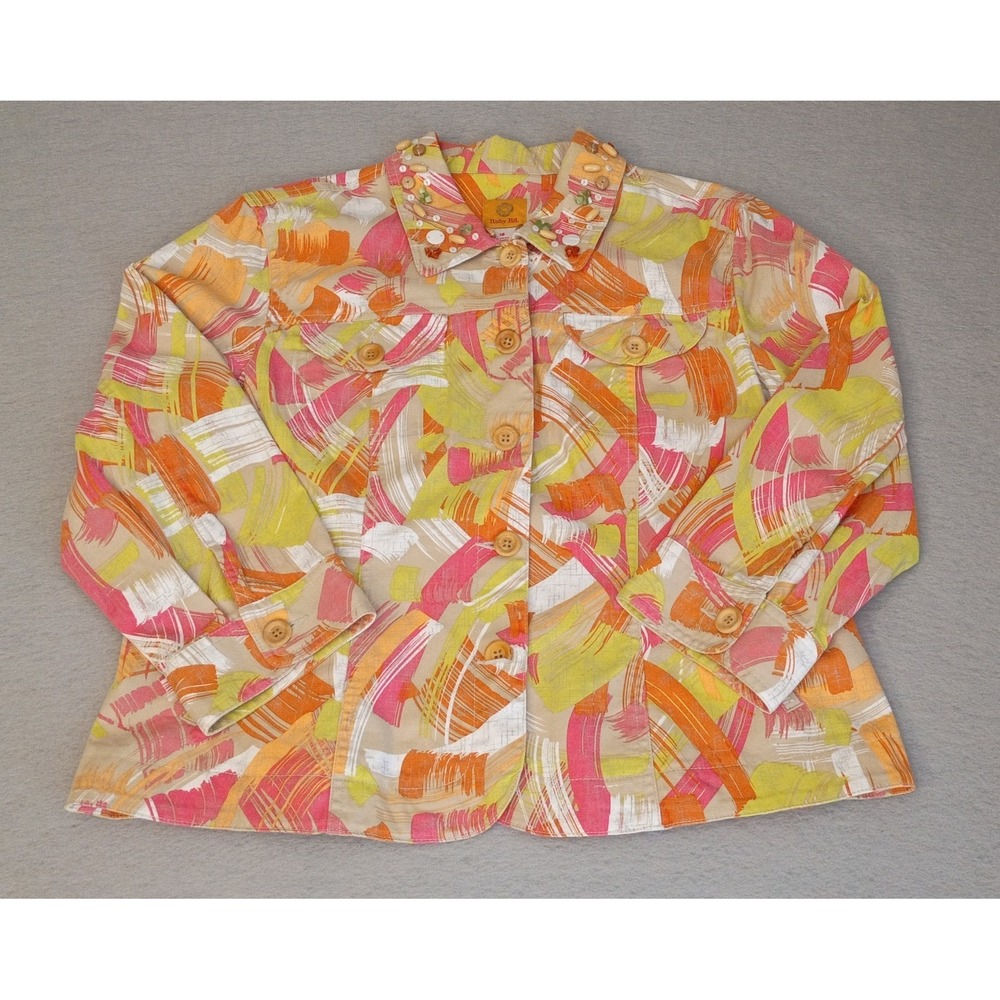 Ruby Rd Women Jacket Sz 16 Neon Abstract Print Button Front Pockets‎ Bead Blazer